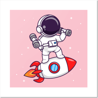 Cute Astronaut Lifting Dumbbell On Rocket Cartoon Posters and Art